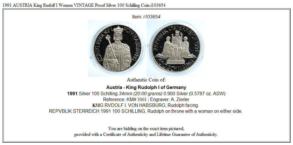 1991 AUSTRIA King Rudolf I Women VINTAGE Proof Silver 100 Schilling Coin i103654