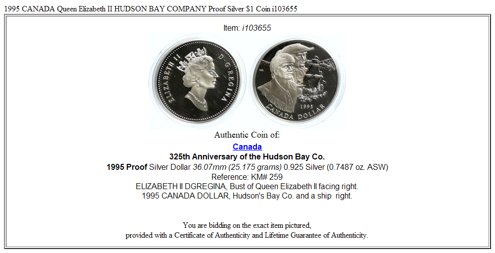 1995 CANADA Queen Elizabeth II HUDSON BAY COMPANY Proof Silver $1 Coin i103655