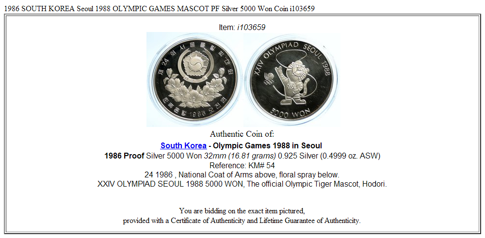 1986 SOUTH KOREA Seoul 1988 OLYMPIC GAMES MASCOT PF Silver 5000 Won Coin i103659