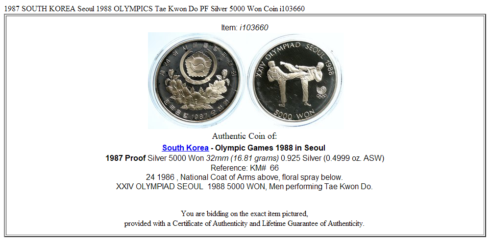 1987 SOUTH KOREA Seoul 1988 OLYMPICS Tae Kwon Do PF Silver 5000 Won Coin i103660