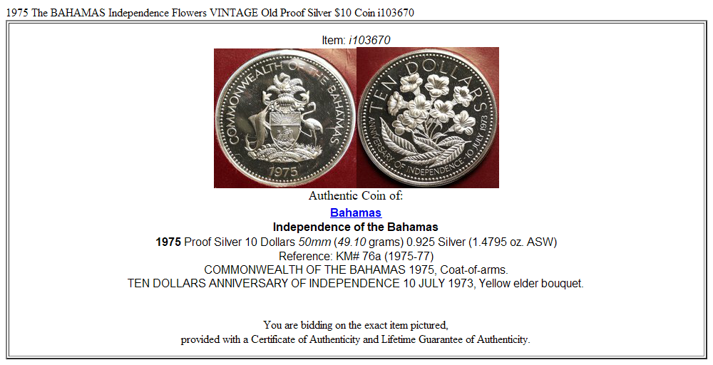 1975 The BAHAMAS Independence Flowers VINTAGE Old Proof Silver $10 Coin i103670