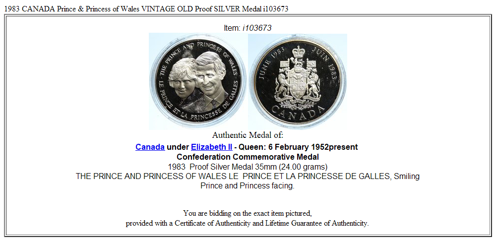 1983 CANADA Prince & Princess of Wales VINTAGE OLD Proof SILVER Medal i103673