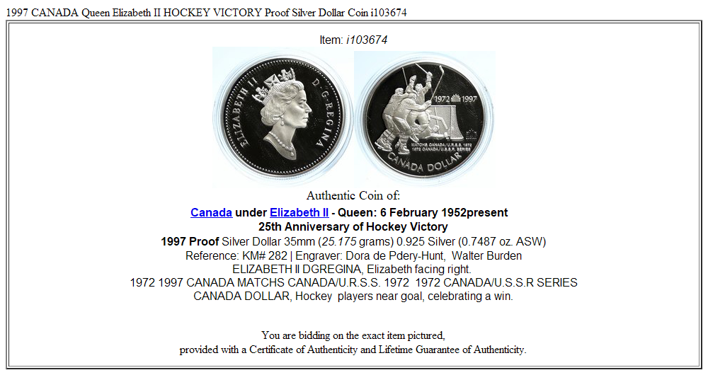 1997 CANADA Queen Elizabeth II HOCKEY VICTORY Proof Silver Dollar Coin i103674