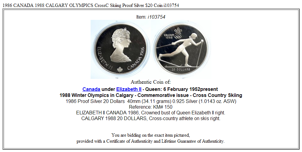 1986 CANADA 1988 CALGARY OLYMPICS CrossC Skiing Proof Silver $20 Coin i103754