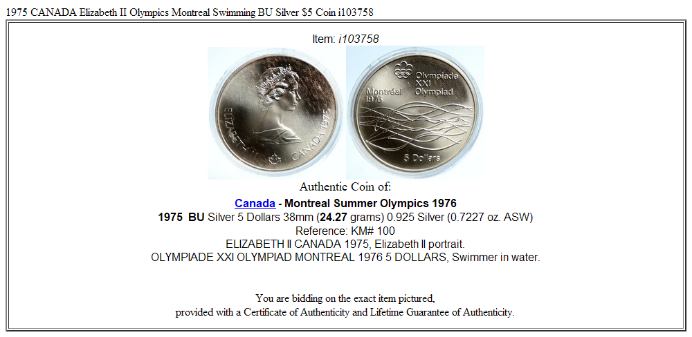 1975 CANADA Elizabeth II Olympics Montreal Swimming BU Silver $5 Coin i103758