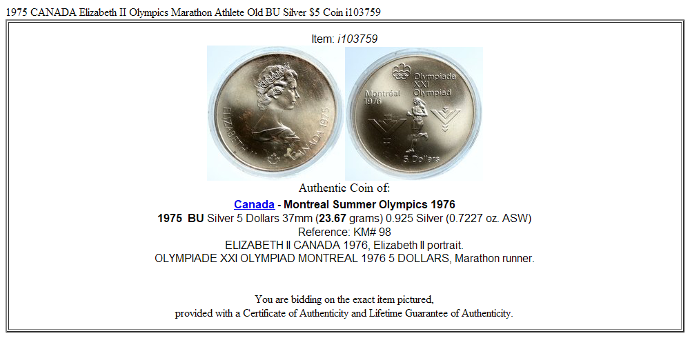 1975 CANADA Elizabeth II Olympics Marathon Athlete Old BU Silver $5 Coin i103759