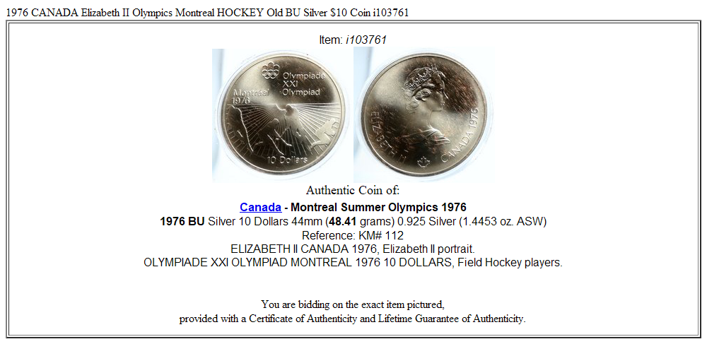 1976 CANADA Elizabeth II Olympics Montreal HOCKEY Old BU Silver $10 Coin i103761