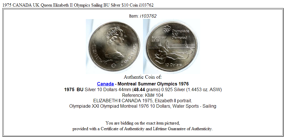 1975 CANADA UK Queen Elizabeth II Olympics Sailing BU Silver $10 Coin i103762