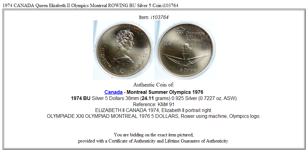 1974 CANADA Queen Elizabeth II Olympics Montreal ROWING BU Silver 5 Coin i103764