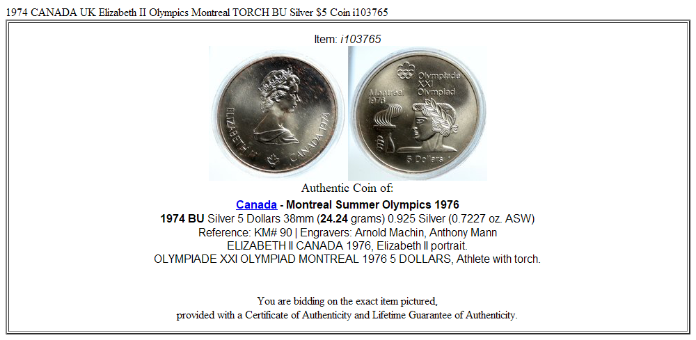 1974 CANADA UK Elizabeth II Olympics Montreal TORCH BU Silver $5 Coin i103765