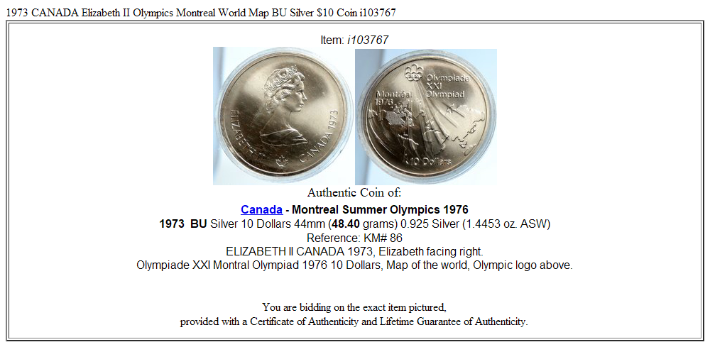 1973 CANADA Elizabeth II Olympics Montreal World Map BU Silver $10 Coin i103767