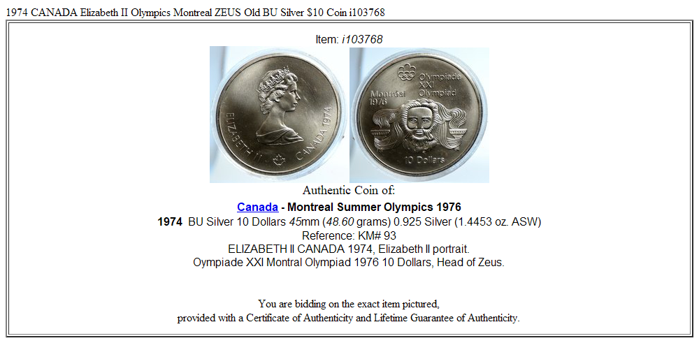 1974 CANADA Elizabeth II Olympics Montreal ZEUS Old BU Silver $10 Coin i103768