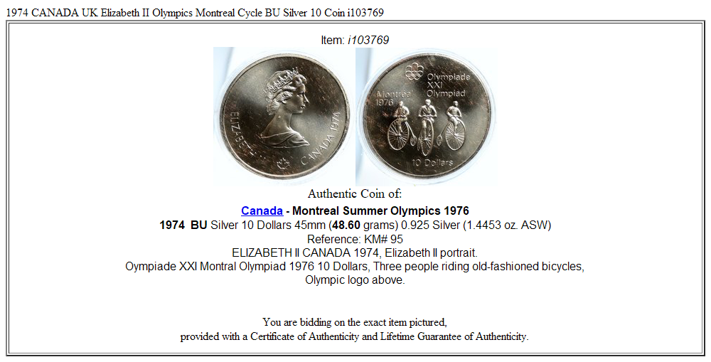 1974 CANADA UK Elizabeth II Olympics Montreal Cycle BU Silver 10 Coin i103769