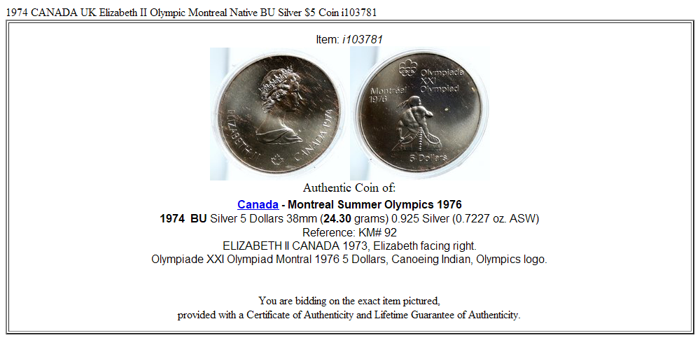 1974 CANADA UK Elizabeth II Olympic Montreal Native BU Silver $5 Coin i103781