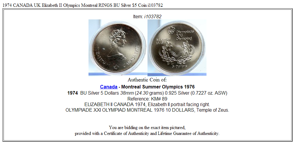 1974 CANADA UK Elizabeth II Olympics Montreal RINGS BU Silver $5 Coin i103782