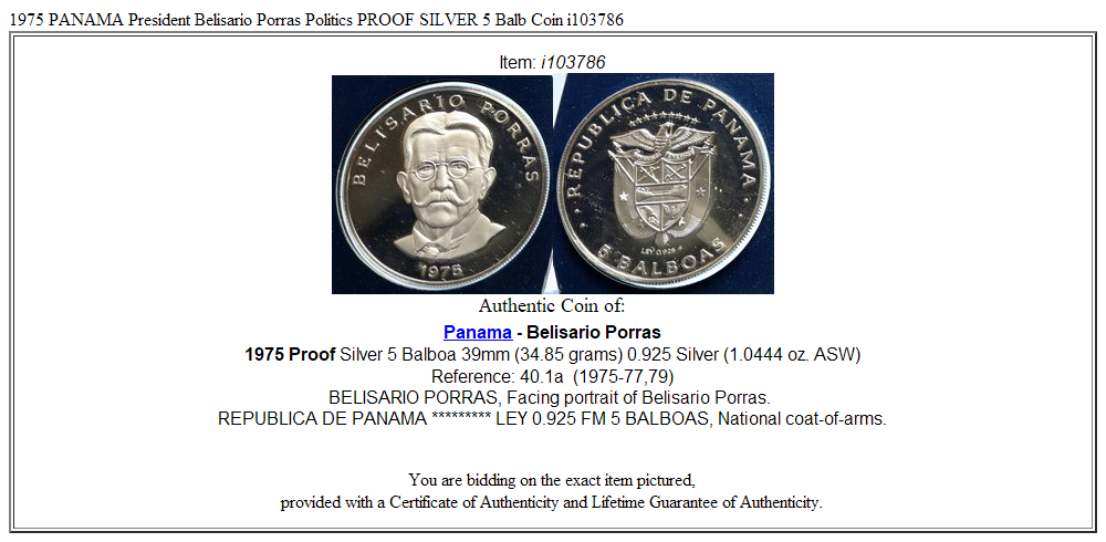 1975 PANAMA President Belisario Porras Politics PROOF SILVER 5 Balb Coin i103786