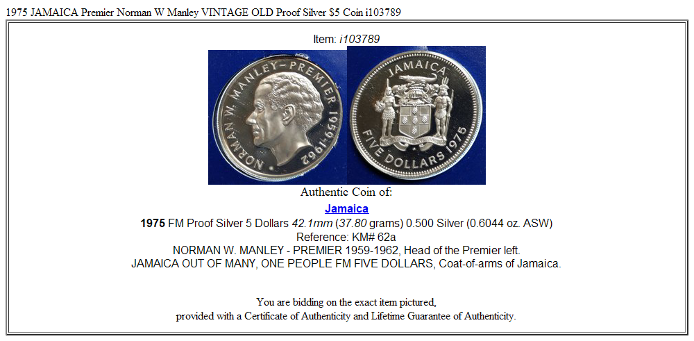 1975 JAMAICA Premier Norman W Manley VINTAGE OLD Proof Silver $5 Coin i103789