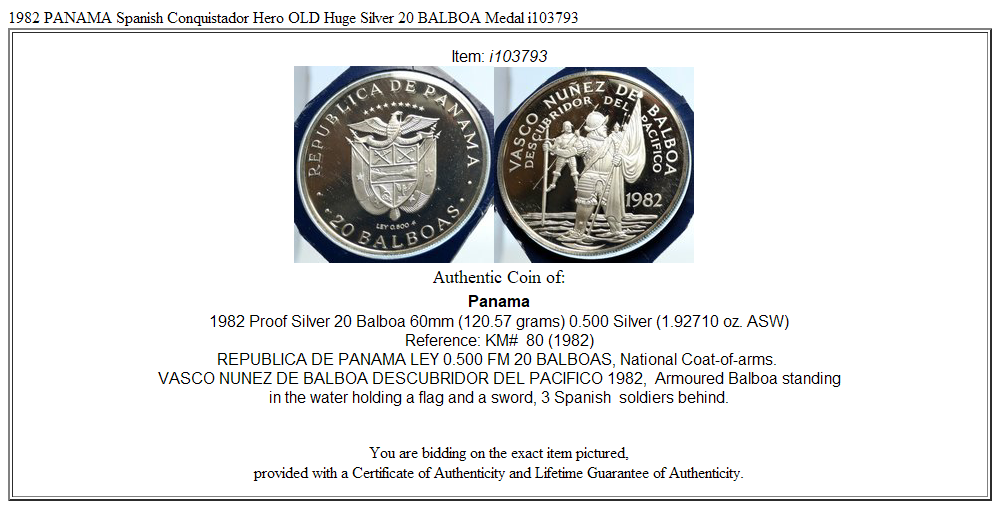 1982 PANAMA Spanish Conquistador Hero OLD Huge Silver 20 BALBOA Medal i103793