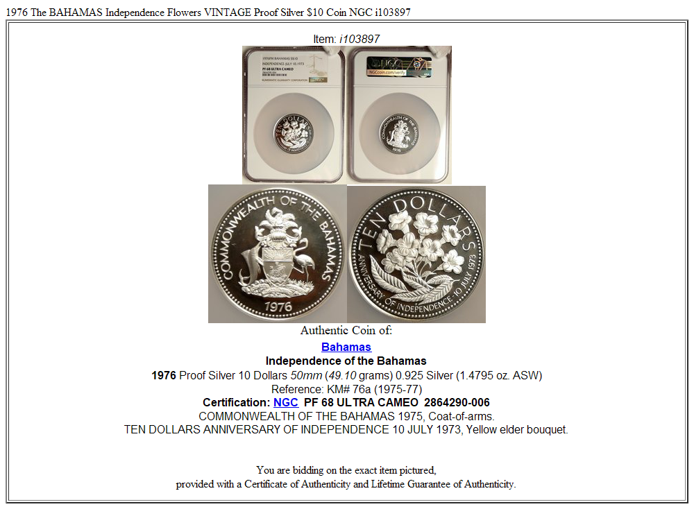 1976 The BAHAMAS Independence Flowers VINTAGE Proof Silver $10 Coin NGC i103897