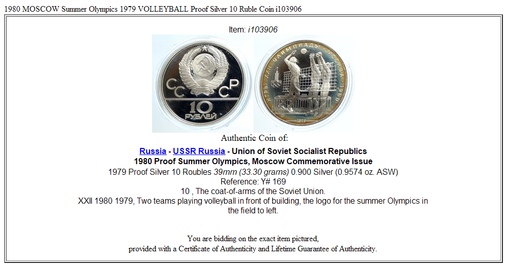 1980 MOSCOW Summer Olympics 1979 VOLLEYBALL Proof Silver 10 Ruble Coin i103906