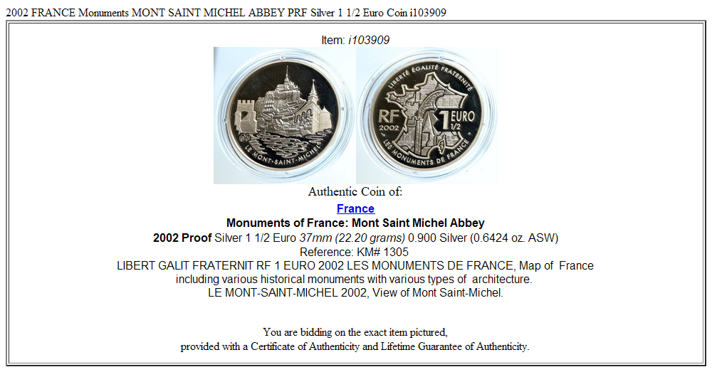 2002 FRANCE Monuments MONT SAINT MICHEL ABBEY PRF Silver 1 1/2 Euro Coin i103909