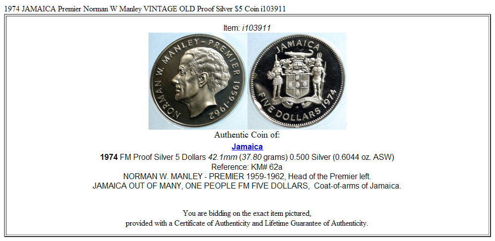 1974 JAMAICA Premier Norman W Manley VINTAGE OLD Proof Silver $5 Coin i103911