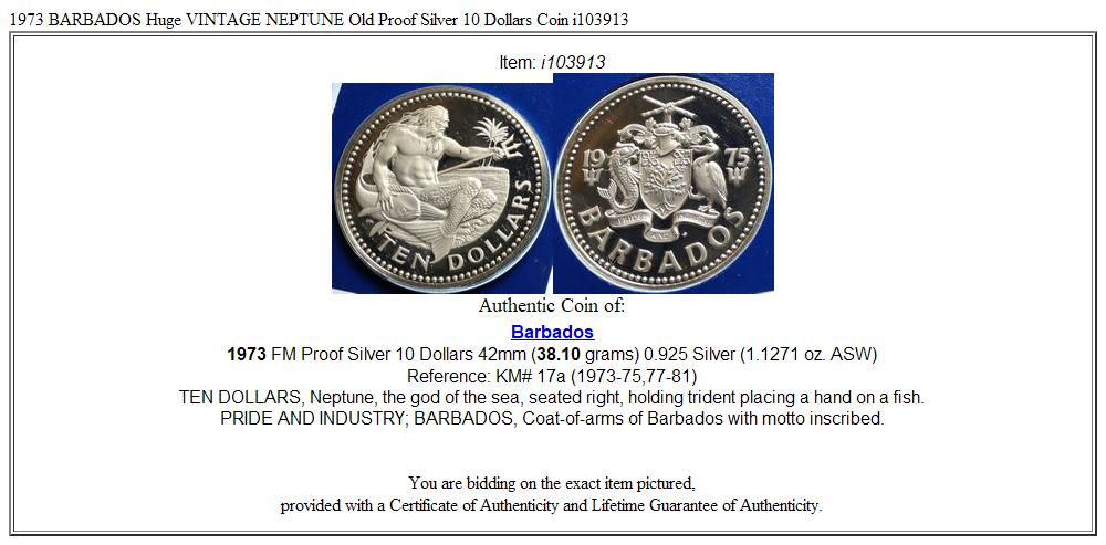 1973 BARBADOS Huge VINTAGE NEPTUNE Old Proof Silver 10 Dollars Coin i103913