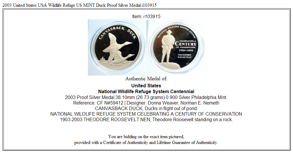 2003 United States USA Wildlife Refuge US MINT Duck Proof Silver Medal i103915