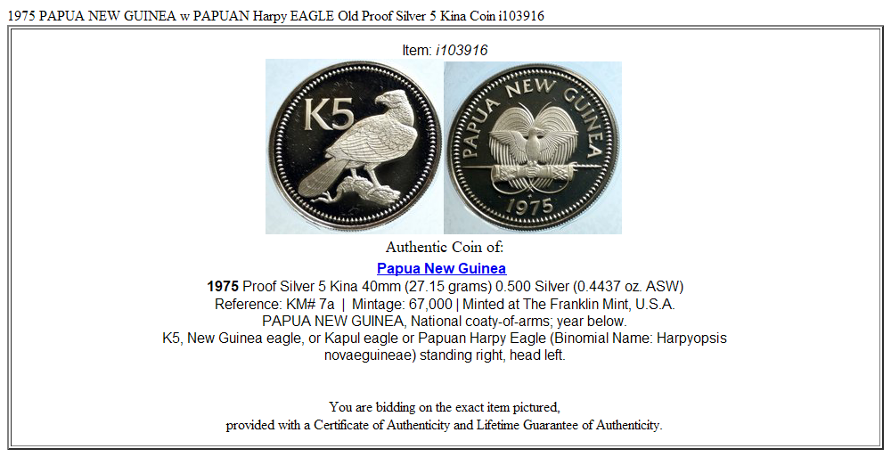 1975 PAPUA NEW GUINEA w PAPUAN Harpy EAGLE Old Proof Silver 5 Kina Coin i103916