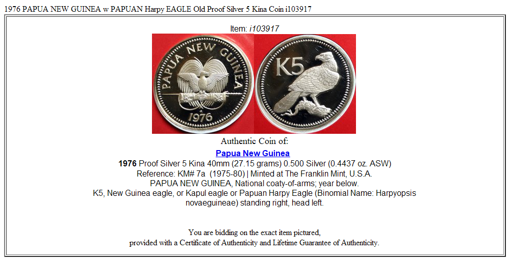 1976 PAPUA NEW GUINEA w PAPUAN Harpy EAGLE Old Proof Silver 5 Kina Coin i103917