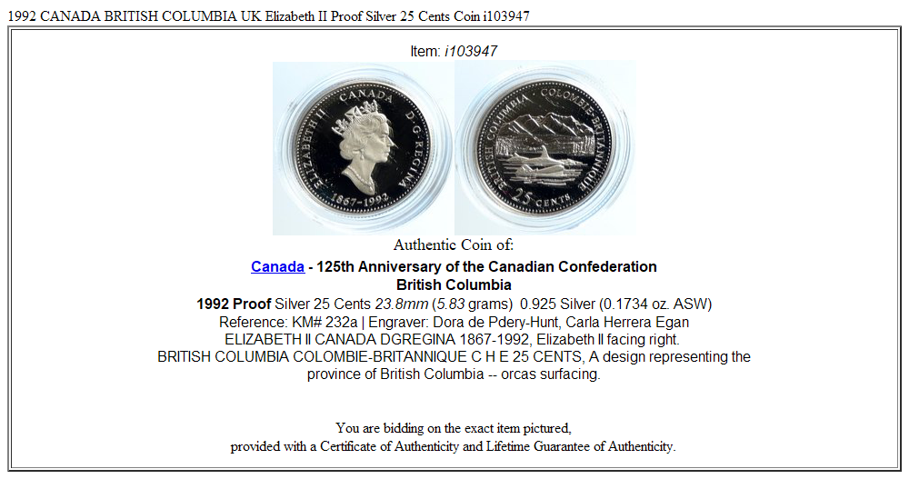 1992 CANADA BRITISH COLUMBIA UK Elizabeth II Proof Silver 25 Cents Coin i103947