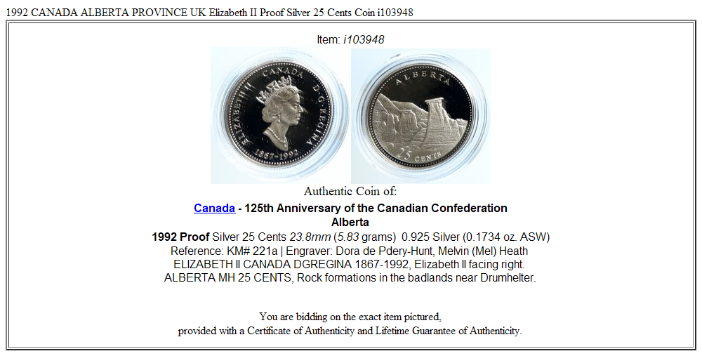 1992 CANADA ALBERTA PROVINCE UK Elizabeth II Proof Silver 25 Cents Coin i103948