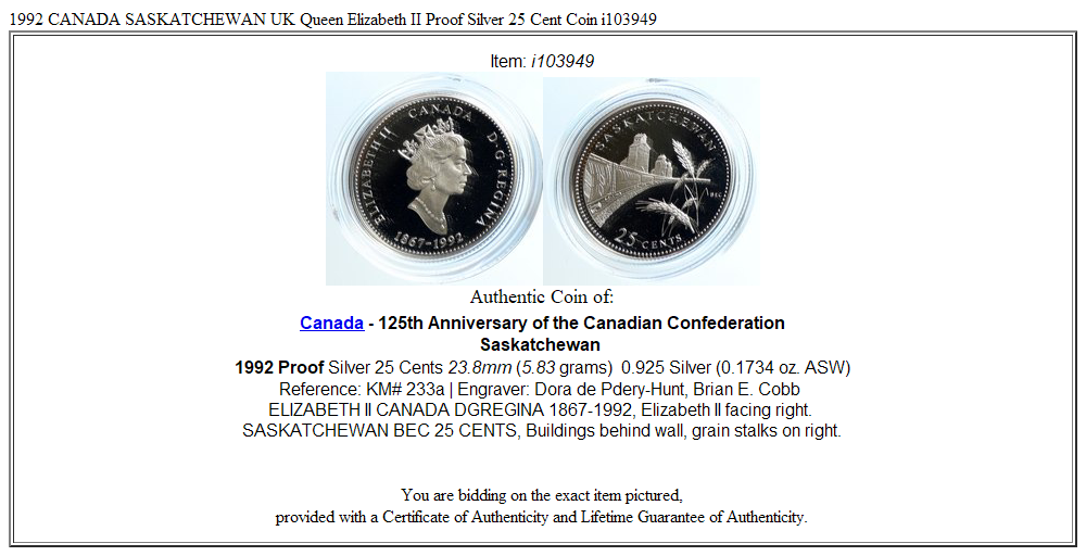 1992 CANADA SASKATCHEWAN UK Queen Elizabeth II Proof Silver 25 Cent Coin i103949