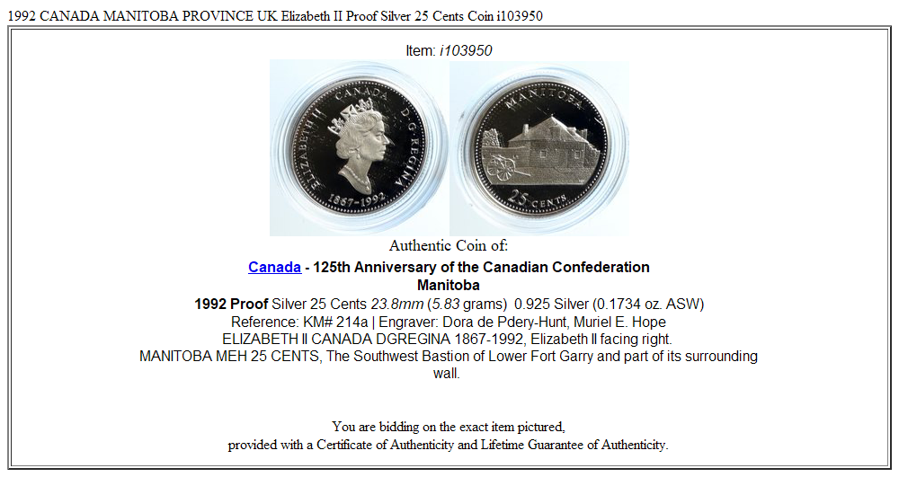 1992 CANADA MANITOBA PROVINCE UK Elizabeth II Proof Silver 25 Cents Coin i103950