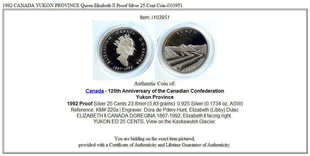 1992 CANADA YUKON PROVINCE Queen Elizabeth II Proof Silver 25 Cent Coin i103951