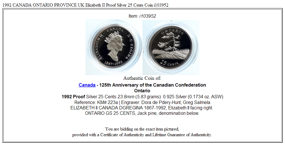 1992 CANADA ONTARIO PROVINCE UK Elizabeth II Proof Silver 25 Cents Coin i103952