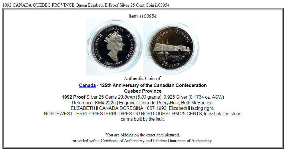 1992 CANADA QUEBEC PROVINCE Queen Elizabeth II Proof Silver 25 Cent Coin i103954