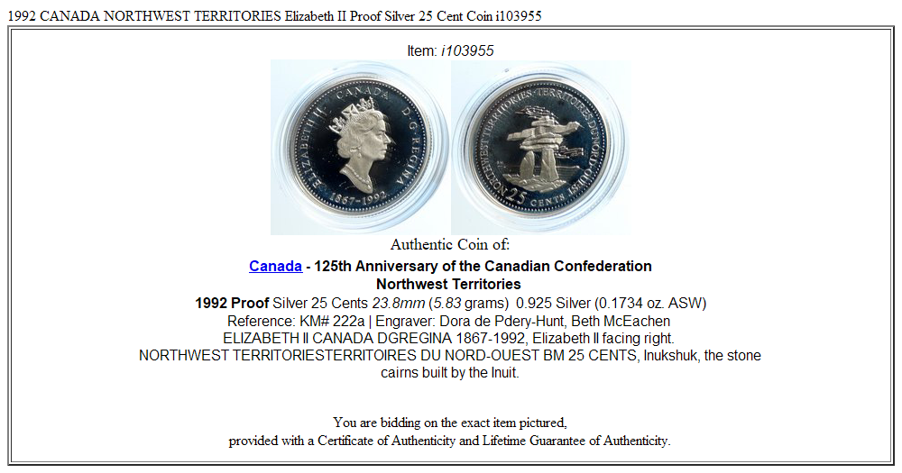 1992 CANADA NORTHWEST TERRITORIES Elizabeth II Proof Silver 25 Cent Coin i103955