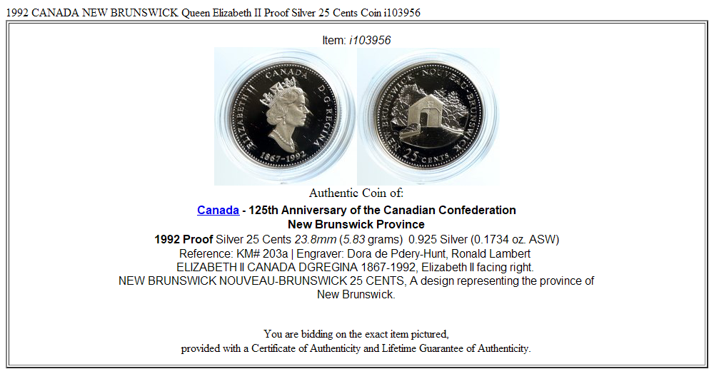 1992 CANADA NEW BRUNSWICK Queen Elizabeth II Proof Silver 25 Cents Coin i103956