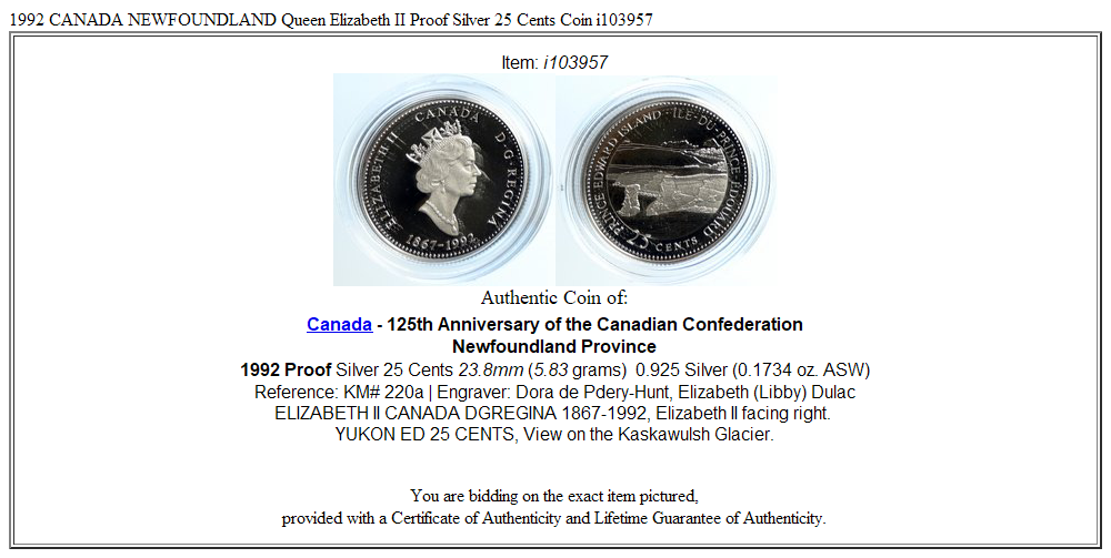 1992 CANADA NEWFOUNDLAND Queen Elizabeth II Proof Silver 25 Cents Coin i103957