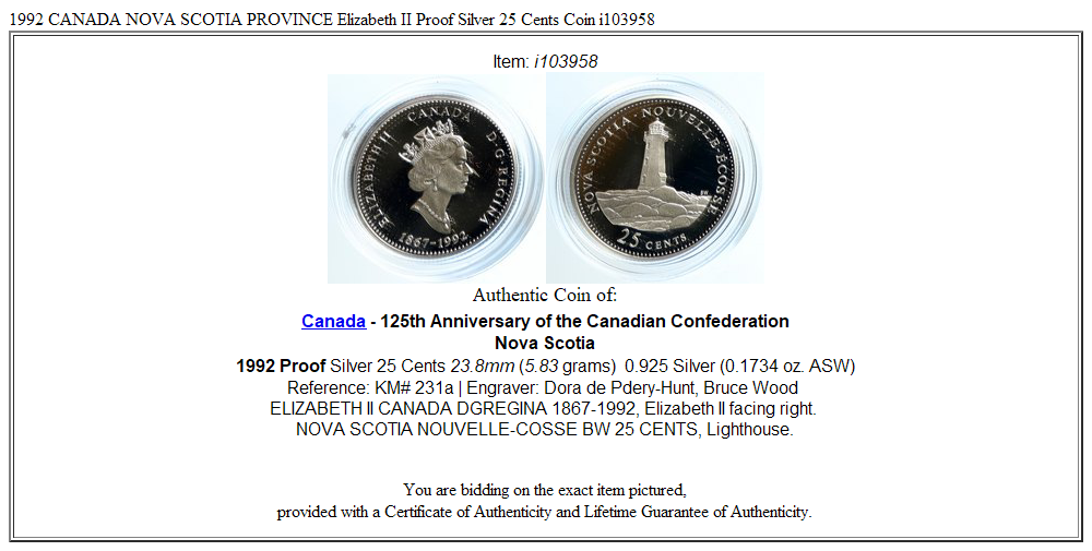 1992 CANADA NOVA SCOTIA PROVINCE Elizabeth II Proof Silver 25 Cents Coin i103958