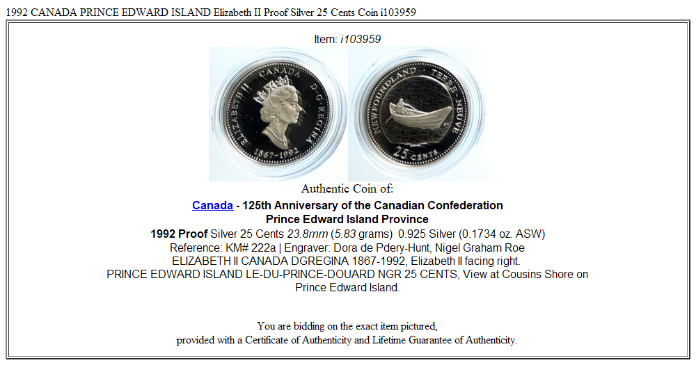 1992 CANADA PRINCE EDWARD ISLAND Elizabeth II Proof Silver 25 Cents Coin i103959