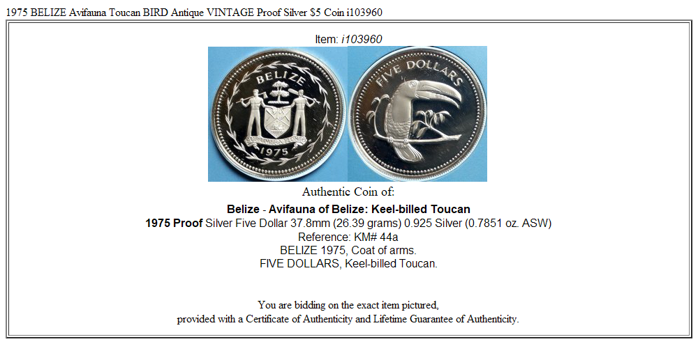 1975 BELIZE Avifauna Toucan BIRD Antique VINTAGE Proof Silver $5 Coin i103960