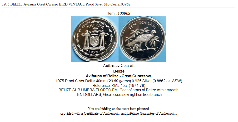 1975 BELIZE Avifauna Great Curasso BIRD VINTAGE Proof Silver $10 Coin i103962