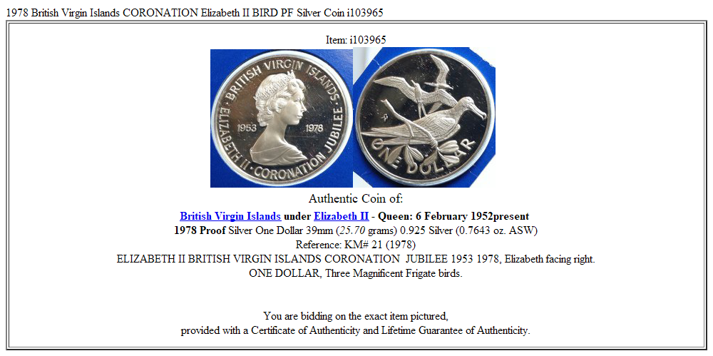 1978 British Virgin Islands CORONATION Elizabeth II BIRD PF Silver Coin i103965