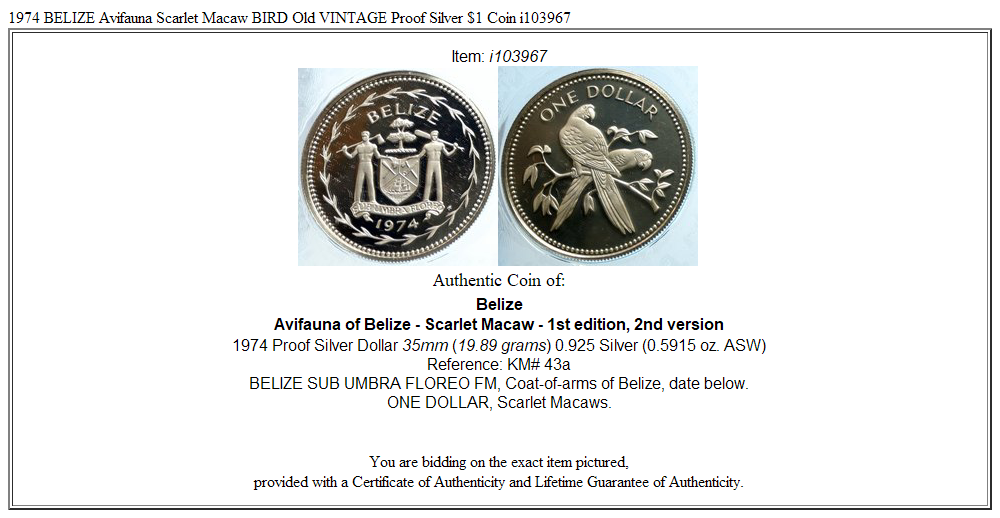 1974 BELIZE Avifauna Scarlet Macaw BIRD Old VINTAGE Proof Silver $1 Coin i103967