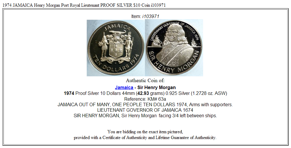 1974 JAMAICA Henry Morgan Port Royal Lieutenant PROOF SILVER $10 Coin i103971