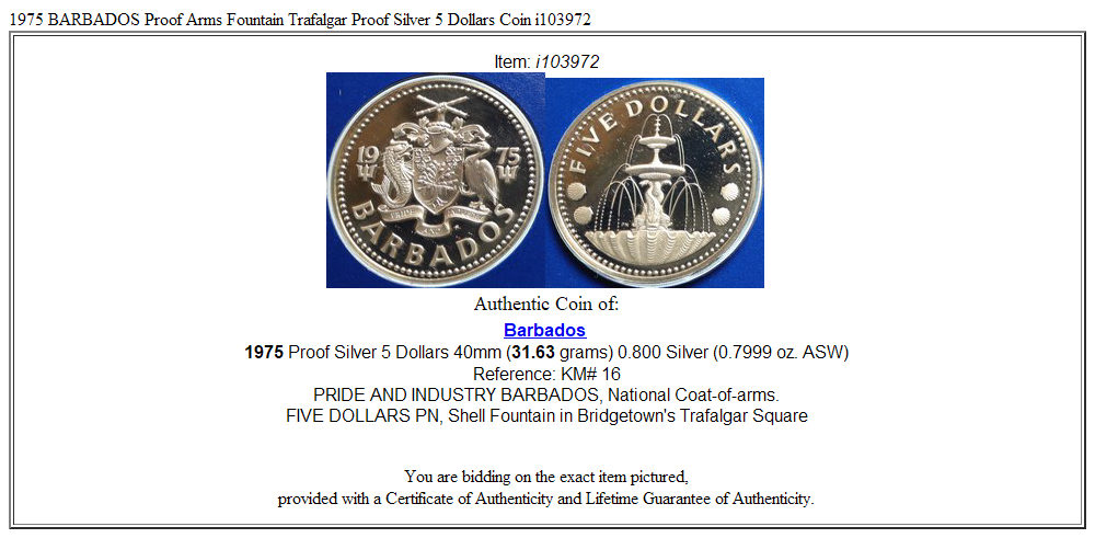 1975 BARBADOS Proof Arms Fountain Trafalgar Proof Silver 5 Dollars Coin i103972