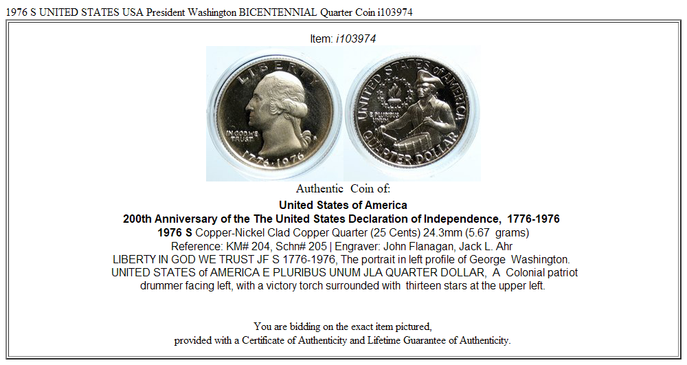 1976 S UNITED STATES USA President Washington BICENTENNIAL Quarter Coin i103974