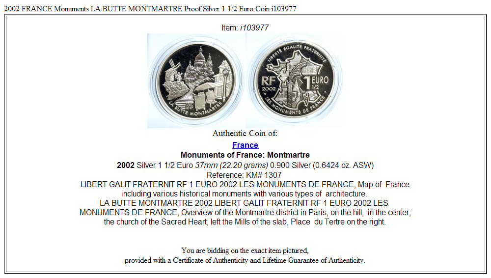 2002 FRANCE Monuments LA BUTTE MONTMARTRE Proof Silver 1 1/2 Euro Coin i103977